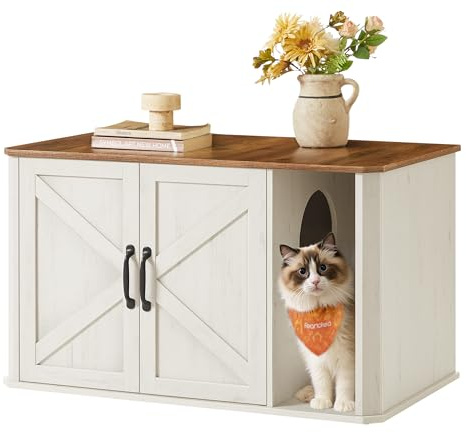 Feandrea Cat house, modern kattlåda, huvudentré, med dubbeldörr och handtag, som skänk, 85 x 48,5 x 50 cm, honungsbrun-vintagevit PCL012K01