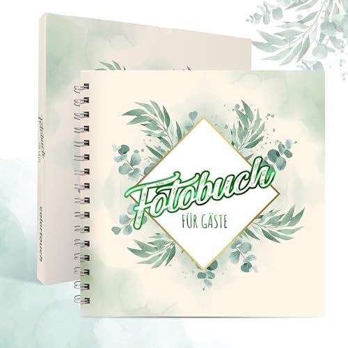colortouch Hochzeit Fotobuch für 70 Fotoaufgaben, Fotoalbum mit Platzhaltern für Hochzeitsfotos, Hardcover mit Spiralbindung Gästebuch, Vintage, Eukalyptus, Erinnerung, 21x21cm, 300 g/m² Papier