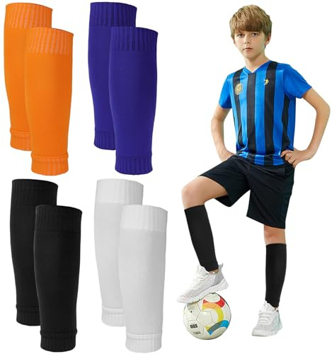Schwarz/Weiß/Orange/Blau Stutzen Fussball Herren, 4 Paar Atmungsaktiv Schienbeinschoner Socken, Atmungsaktiv Saugfähig Fußball Sleeve, Stutzen Ohne Socken, Unisex Tube Stutzen für Radfahren Marathon