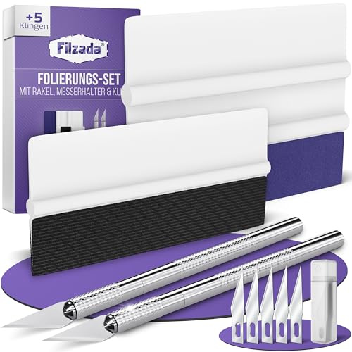 Filzada® Rakel Folie XXL Set - Folierungs Werkzeug mit Filzkante Profi | Filzrakel & Alcantara Rakel Set zum Folieren - Nass- & Trockenfolierung blasenfrei - inkl. 2 Präzisionsmesser + 7 Klingen