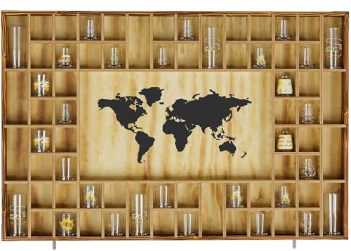 foriy 68 Large World Map Shot Glass Display Case Rustic Shot Glass Holder 37x 24.4in Brown Wood Shelf for 2 Different Sizes Glasses Shelf Wall Mount Storage Cabinet for Bar Home Kitchen