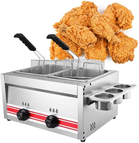 GESAIDES Freidora a Gas, Freidora Comercial de Acero Inoxidable de 20 l, con Dos Cestas y Tapas, Freidora Doble de Encimera de 18 000 Btu/h para Cocina y Comedor Domésticos