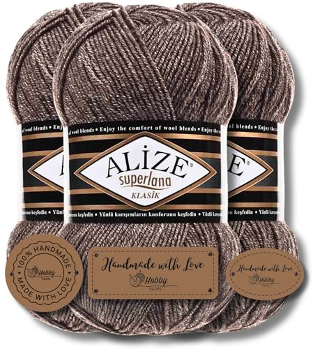 Hobby YARN 3x Etikettenlabel mit Alize Superlana Klasik Wolle Premium 3x100g als Set, Yarn, Garn, Strickgarn, Einfarbig, Baby, zum Häkeln, Stricken, Kleidung, Schals (240)
