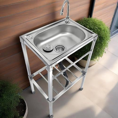 Lavello da Cucina in Acciaio Inox Autoportante Lavandino da Esterno 1 Vasca Lavatoio da Giardino Campeggio Autoportante,per Ristorante, Lavanderia,Garage