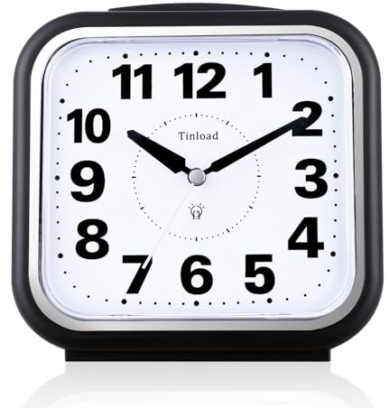 Tinload 5.5 Large No Ticking Analog Alarm Clock,Silent Readable for Seniors,Easy to Set,Gradual Rise Alarm,Big Numbers,Gentle Wake,Snooze, Lighted on Demand,Battery Operated,Black