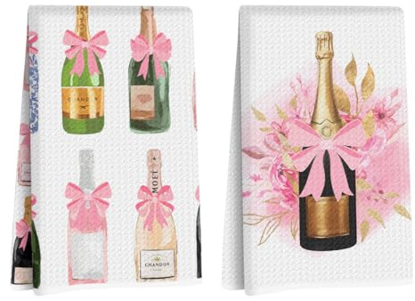 2Pcs Elegant Champagne Bottle Kitchen Towels 24x14 Inch, Coquette Pink Bow Waffle Hand Towels for Kitchen Home, Absorbent Soft Microfiber Dish Cloth Tea Towel, Housewarming Gifts for Women