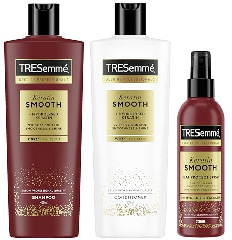TRESemmé Shampooing, Après-shampooing et Spray thermoprotecteur Keratin Smooth Routine de soins capillaires anti-humidité avec kératine hydrolysée 400 ml + 400 ml + 200 ml 3 pièces