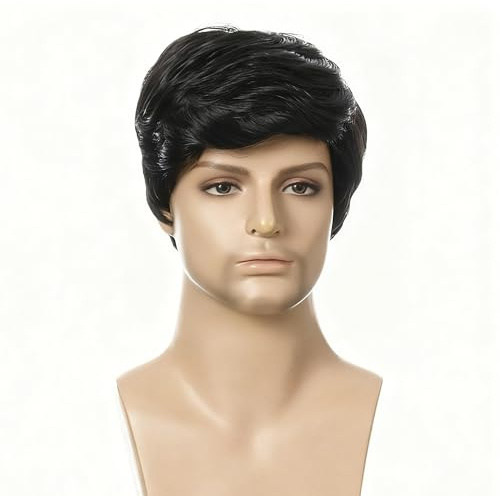 CATMEYE Peluca Corta Negra para Hombre de Estilo Natural, Cabello Sintético para Cosplay, Halloween, Carnaval,Fiesta, Uso Diario o Fiesta Temática (Negro)