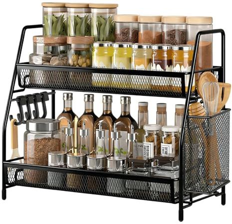 2 Tier Spice Rack, Cupboard Shelf Organiser with 4 Hooks and Side Basket | Coffee Station Organizer for Countertop Coffee Bar Accessories and Organizer, for Bathroom, Kitchen, Holiday Decorations