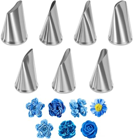 7 Pcs Flower Piping Nozzles, Stainless Piping Nozzles, Rose Petals Piping Tips, Icing Piping nozzles Set, Peony Tulips Flower Piping Tips, for Cupcakes, Cakes, Pastry, Cookies, Baking, DIY (Silver)