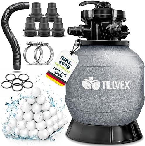 tillvex® Filtro de Arena para Piscina SIN Bomba + Bolas filtrantes hasta 21 m³ (21.000 litros) | Depósito Filtro Piscina Incl. Adaptador Ø32-38mm | Válvula 7 vías, manómetro & Tubo de aspiración