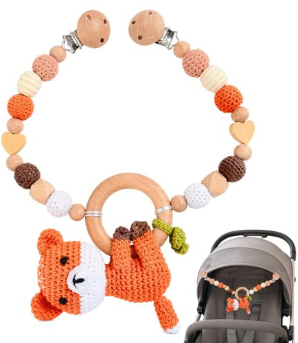 XEERUN Chaîne de poussette en bois et coton au crochet, chaîne de poussette pour bébé, Montessori nouveau-né, jouet de poussette pour nacelle, renard
