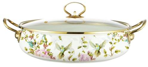 Emaljkruka med lock och handtag för induktionshäll, blommig kök simmer gryta, vintage emalj för grytor