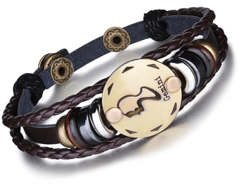 Unendlich U Punk Modisch 12 Sternbilder Sternzeichen Herren Damen Charm Armband Geflochten Leder Legierung Multilayer Braun Armreifen, Zwillinge(Gemini)