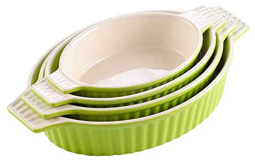 MALACASA Set di 4 Teglie da Forno in Porcellana: 2000 ml (34,5 cm), 1390 ml (30,3 cm), 1100 ml (27,5 cm) e 700 ml (23 cm), Ovali, Verdi - Perfette per Servire Arrosti e Verdure in Occasioni Familiari