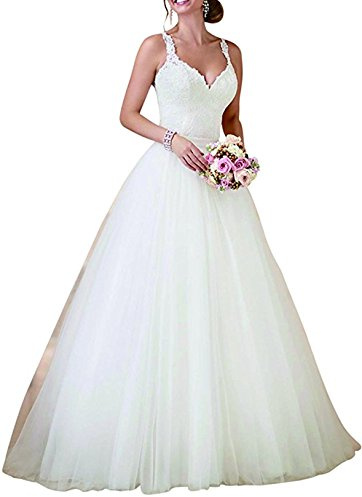 XUYUDITA Vestido de Novia Simple de Doble Cuello en V de Las Mujeres Bodice de la Bola de la l¨ªnea a la Novia para la Novia Blanco-38