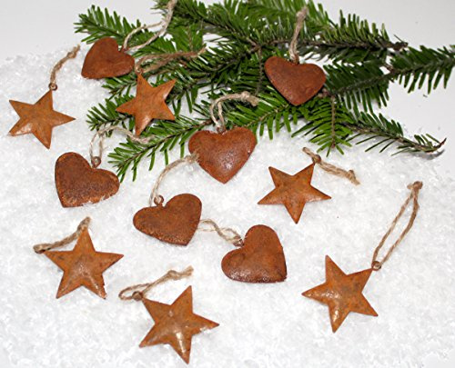 12er Set Lilienburg Rostanhänger Christbaumschmuck Weihnachten Anhänger Metall Stern & Herz Deko Rost Edelrost (P-Rost)
