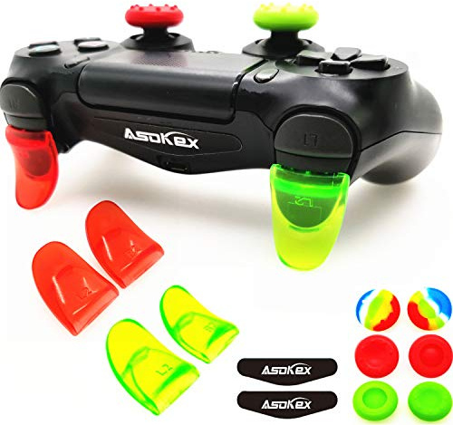 L2 R2 Trigger PS4 (2 Paar Trigger-Extender, 6 Stück Daumenstützen-Griffe, 2 Paar LED-Lichtleisten-Aufkleber) für PS4 Dualshock Controller Grün & Rot