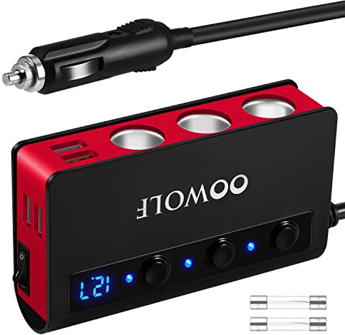 OOWOLF 3 Prises Multiprise Allume Cigare + 4 Ports USB Chargeur de Voiture QC3.0 Charge Rapide 180W 12V/24V 3.6A Affichage LED pour Toutes Les Voitures Smartphone,GPS.