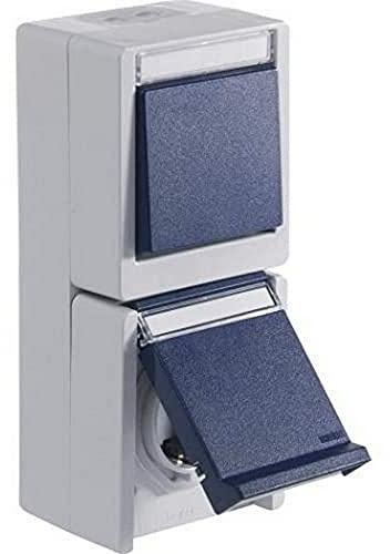 OPUS RESIST Universalschalter Aus/Wechsel mit Steckdose, senkrecht, IP44, hellgrau/stahlblau, 250 V, 10/16 A