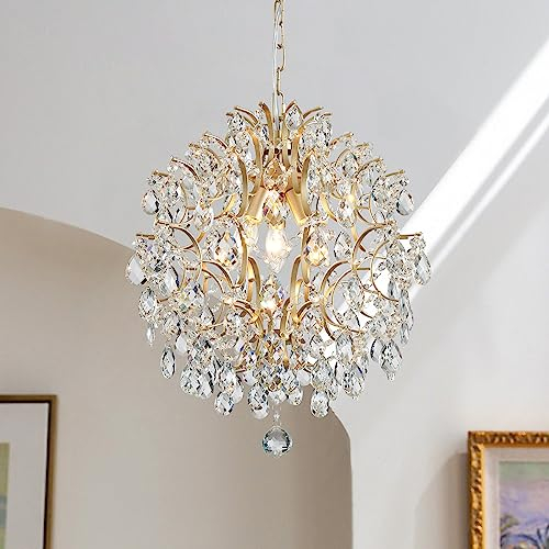 BESTIER Gold Modern Pendant Chandelier Crystal Raindrop Lighting Ceiling Light Fixture Lamp for Dining Room Bathroom Bedroom Livingroom 3 E14 Bulbs Required Diameter 40 cm Height 45 cm