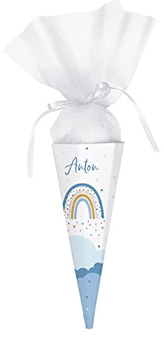 Striefchen® Schultüte Regenbogen mit Namen zur Einschulung Blau - 28 cm - Personalisierte Zuckertüte als Geschenk zu Schulanfang & Schulstart - Einschulungstüte für Schüler