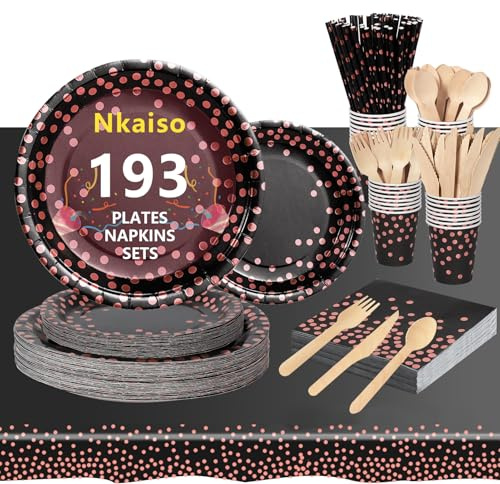 Nkaiso 193 Stück Schwarzgold Pappteller Partygeschirr Set -24 Gäste | Party Teller Einweg Set mit Pappteller Becher Geschirr für Geburtstag, Hochzeit, Jubiläums