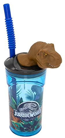 Jurassic World Tazza da Bere per Bambini con Cannuccia Integrata, Coperchio e Figura 3D, Recipiente per Bere con capacità di Circa 360 Ml, Ideale per Bevande Fredde