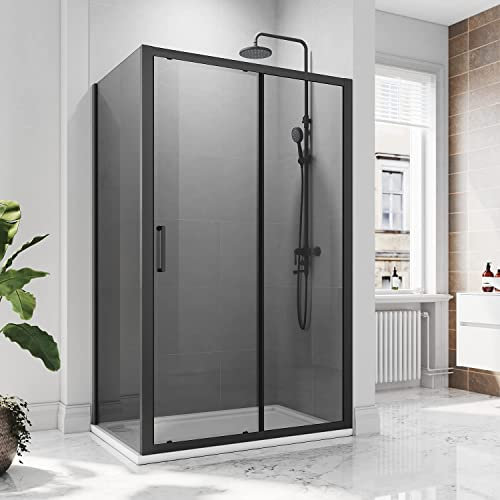 ELEGANT 1000x700mm Black Sliding Shower Enclosure 8mm Easy Clean Glass Shower Cubicle Door + Side Panel