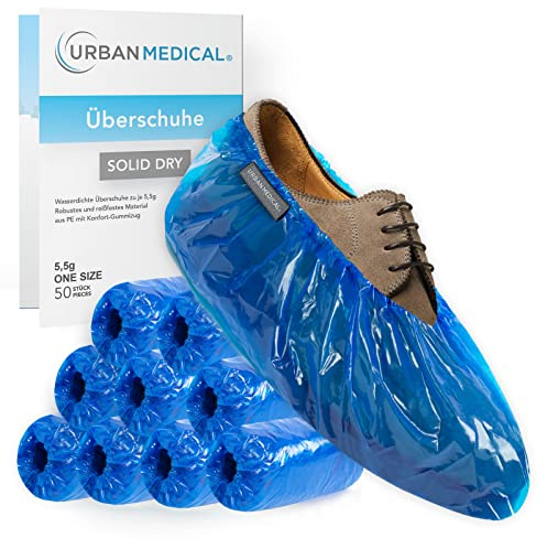 URBAN MEDICAL 50x Wasserdichte 5,5g Einweg/Mehrweg Schuhüberzieher - SOLID DRY - Reißfest & durchriebsicher Überschuhe für In- und Outdoor - ONESIZE