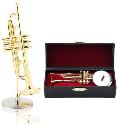 Hapivida Modello di Tromba in Miniatura, Ottone Dorato Mini Tromba Mini Strumento Ornamento Decorazione Strumento Modello Ornamenti Musicali Regalo Musicale con Supporto Custodia