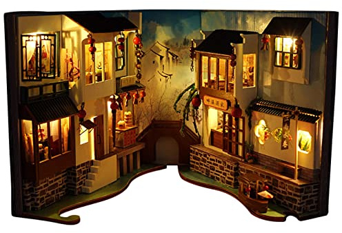 gaomin Book Nook Kit, Kit de Maison de poupées Miniatures avec Meubles et lumière LED, Serre-Livres Bricolage LED Puzzle en Bois, Décoration de Maison de poupée