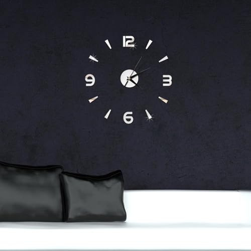 Moderno fai da te senza, orologio da parete adesivo 1mm acrilico specchio orologio cornice da parete 3D decorazione fai da te parete moderna casa ufficio camera da letto (argento) Specchio Adesiv
