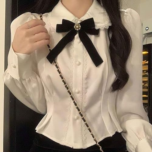 FRESQA Vita skjortor dam Kawaii spets Lolita-blusar söta tunikor sagokärna Peter Pan Coller kort långärmad toppar preppy koreansk