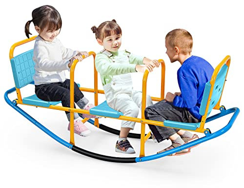 COSTWAY Altalena Saliscendi per Bambini, Altalena Basculante Oscillante di Metallo con Maniglie, Altalena Basculante per Interno ed Esterno, 3 Posti a Sedere (Blu)