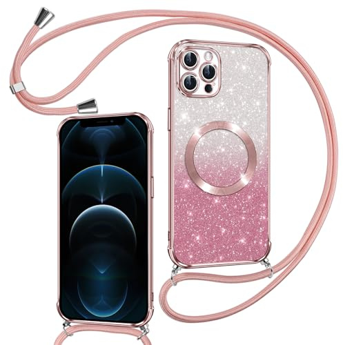 Phoona Hülle für iPhone 12 Pro Max mit Band, Rosa | [Kompatibel mit MagSafe] Luxuriöse Glitzer Beschichtung Magnetische Handyhülle zum Umhängen Kordel Silikon Stoßfest