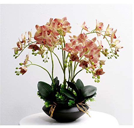 Künstliche Blumen, Orchideen mit Blumentopf, Bonsai – gefälschte Phalaenopsis-Blumenarrangements, Phalaenopsis-Orchideen, Bonsai mit Blättern, Stiel-Dekoration, für Zuhause/Küche/Schlafzimmer/Büro/Rot