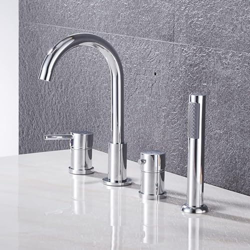 XJTNLB Rubinetto Doccia Bagno Rubinetteria Bordo Vasca 4 Fori, Miscelatore Vasca da Bagno con Doccetta Cromo