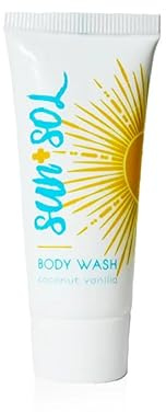 World Amenities - Sun + Sol Refreshing Body Wash With Warm Coconut & Vanilla Fragrances, Travel Size Toiletries, Mini Hotel Amenities, 0.7 oz