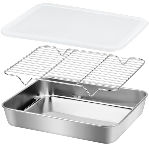 Fenghome Teglia da forno con coperchio, teglia con griglia di raffreddamento per forno/cottura/arrosto/servire, teglia da forno con telaio e coperchio ermetico, in acciaio inox color argento (26 x 20