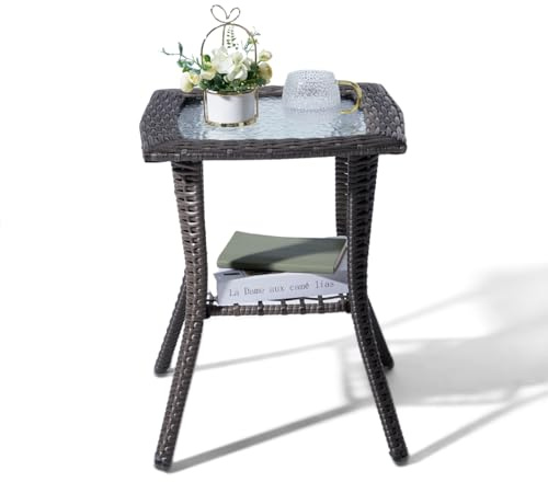 Outvita Outdoor Side Table, Patio Rattan Coffee Table Small End Table with Glass Tabletop and Storage Shelf for Patio Porch Backyard Balcony Living Room