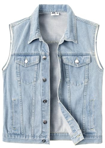 KTWOLEN Herr denim Gilet casual knapp jeans väst vintage motorcykel ärmlös jacka cowboy ytterkläder väst, B-blå, 4XL