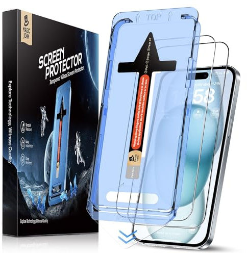 MAGIC JOHN 2 Pack for iPhone 15 Screen Protector | 9H Hardness Tempered Glass, Easy Installation Kit, Bubble Free, 1:1 Full Coverage, HD Clear, Scratch Resistance