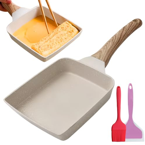 LEKEFETO Padella per Omelette Giapponese, Padella Tamagoyaki con Spatola in Silicone e Pennello, Antiaderente Padella Rettangolare per Frittate Giapponesi, per Tutti i Tipi di Fornelli, Bianco