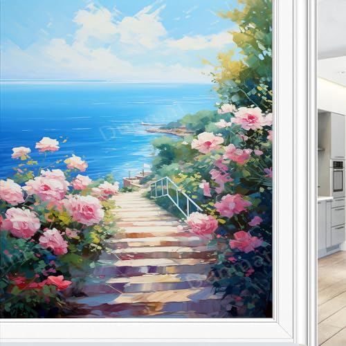 Moderne rosa Blumen Buntglas-Fensterfolie, bunte Rosen, blaue Ozeanlandschaft, Sichtschutz, Fensterfolie, nicht klebende Glasfolie, dekorative statische Frischhaltefolie für Zuhause, Büro, 90 x 140 cm