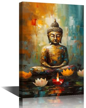 TISHIRON Buddha-Heimdekor-Poster und Drucke, Altarbampe, die Tag und Nacht brennt, Wandkunst für Wohnzimmer, 1 Stück, Lotusbilder, Küche, Wanddekoration, gespannt und gerahmt, fertig zum Aufhängen,