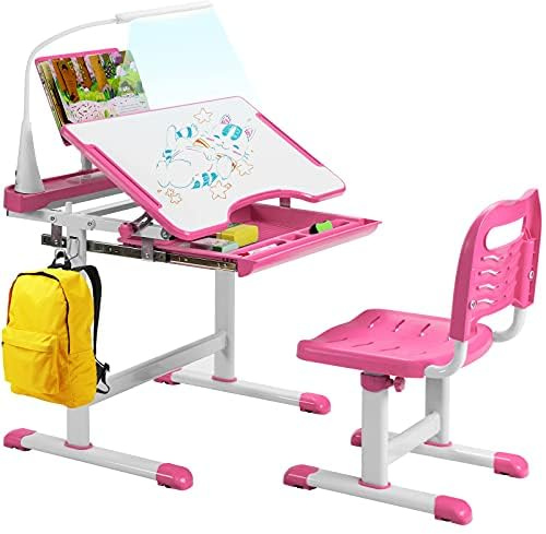 Generisch Mesa y Silla para niños con Soporte para Libros y luz LED, Altura Regulable, Juego de Escritorio Infantil con Mesa Inclinada y cajón, Escritorio para niños y niñas (Rosa)