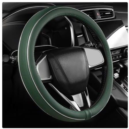 Yourkar Leather Steering Wheel Cover, Breathable Anti-Slip Car Steering Wheel Protector for Max Diameter 15 Inch, Universal Auto Steering Wheel Cover for Men and Women (Green)