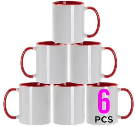 Sublimation Mugs 11oz Blank with Coloured Large Handle & Inner with Box | Durable, Ceramic Orca Finished Mugs Perfect for Custom & DIY Printing, for Loved Ones | Red Bulk Pack of 6