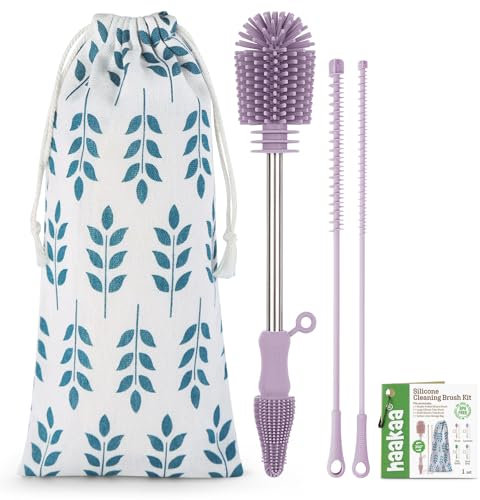 haakaa Silicone Cleaning Brush Kit - Baby Bottle Brush Cleaner for Breast Pump,Nipple,Breast Milk Storage Bag,Reusable Straw,Sippy Cup - Food Grade Silicone Bristles, Portable - 3 Pcs - Lavender
